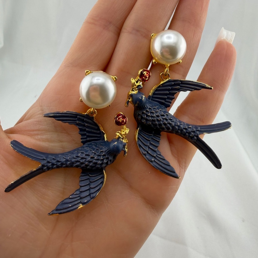 Blue Swallow Pearl Drop Earrings Statement Gold - Picture 7 of 14
